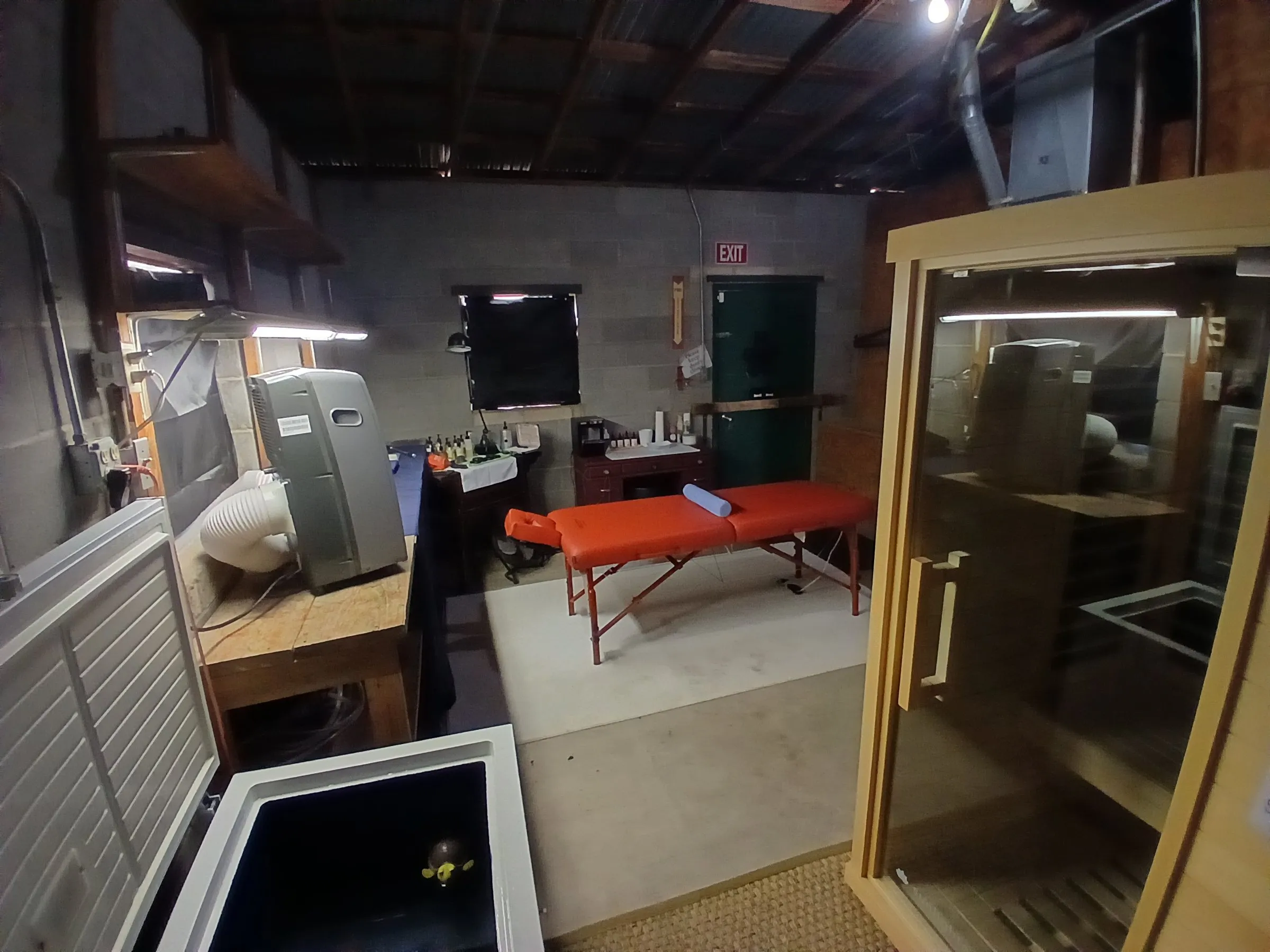 The Recovery Room with the infrared sauna, massage table and cold plunge